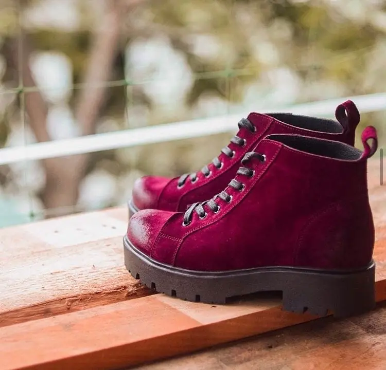 Women’s Burgundy Suede Lace-up Chunky Boots