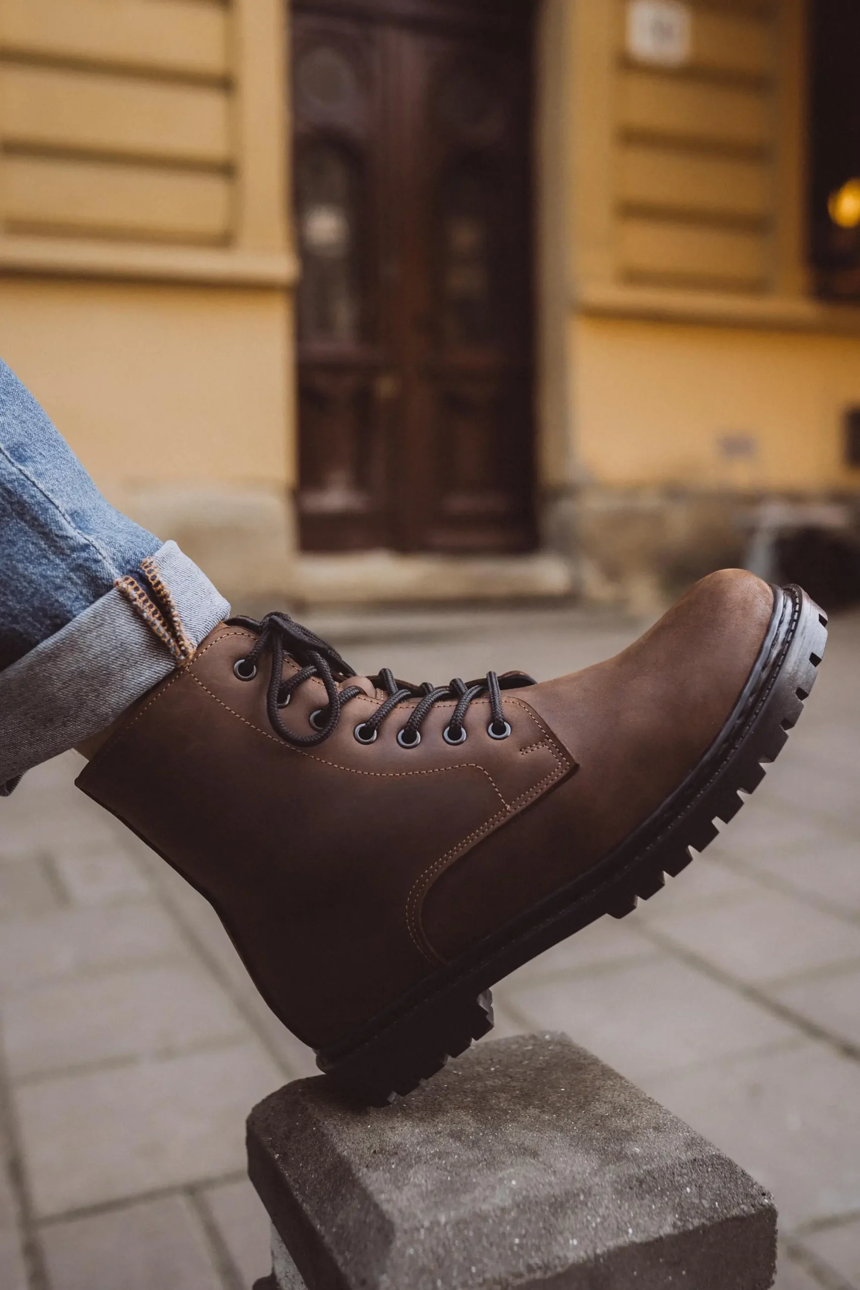Mens Brown Leather Work Boots Fur Lined Combat