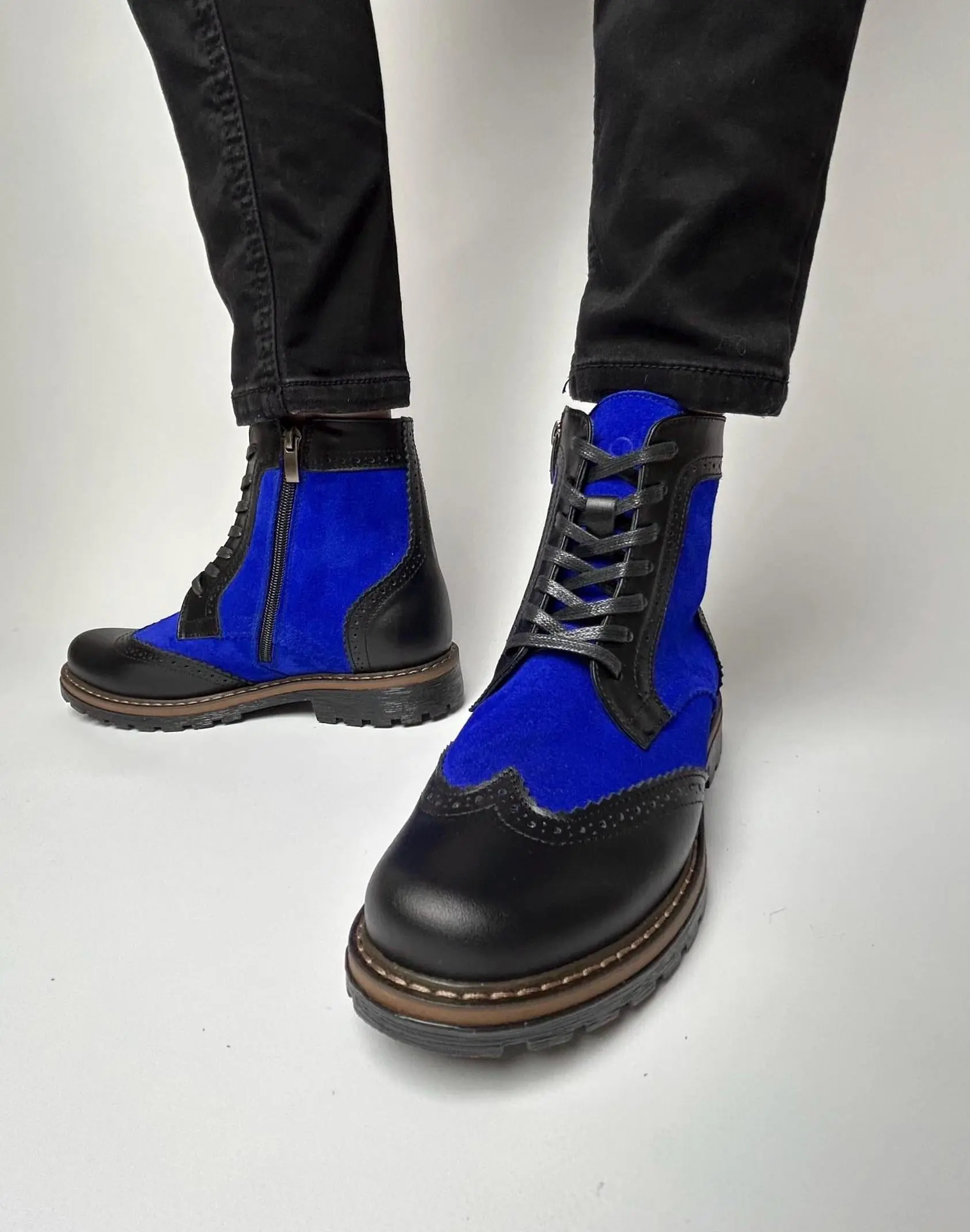 Black Leather & Cobalt Suede Brogue Boots