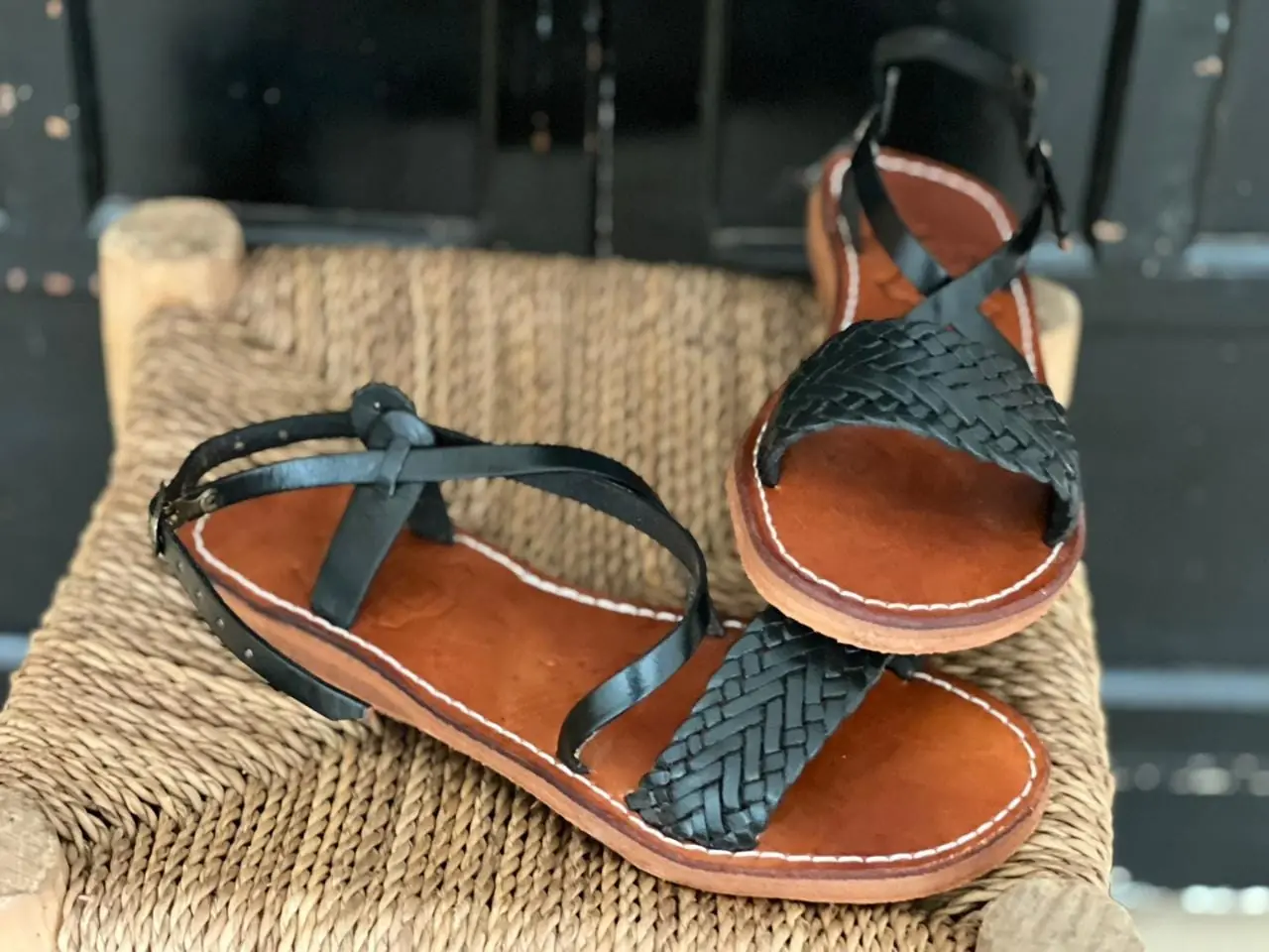 Black Braided Moroccan Handmade Leather Strap Sandals