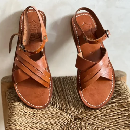 Women’s Brown Cross Strap Moroccan Flat Slides
